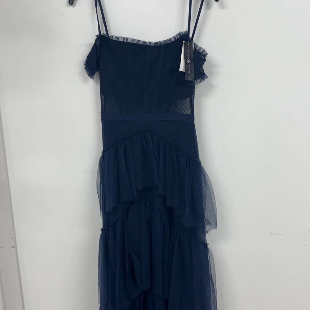 Betsy & Adam Midnight Blue Ruffled Dress
